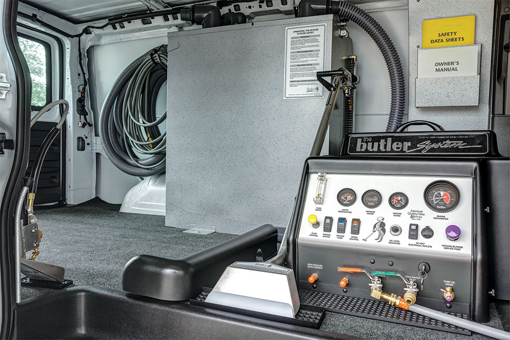 Truck mounted carpet cleaning system Butler System inside Velazquez van
